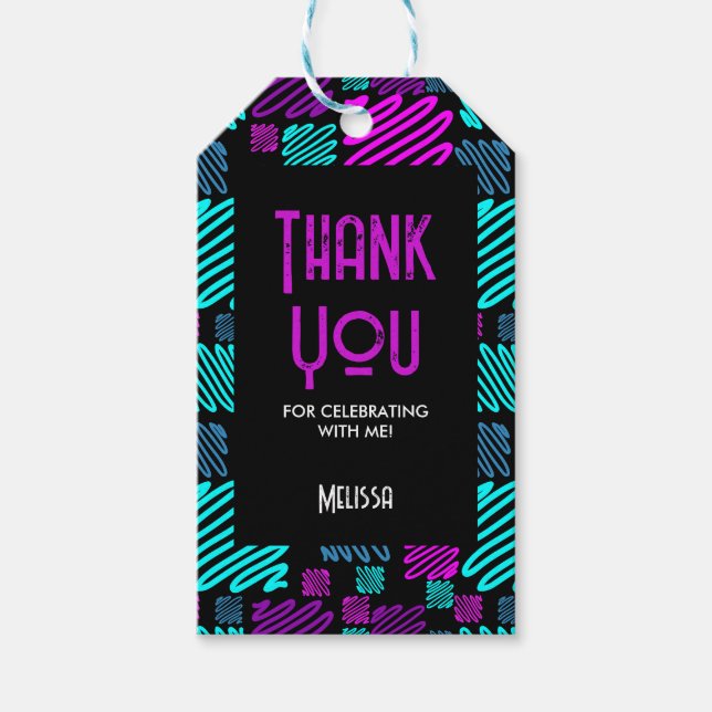 Étiquettes-cadeau Bright Neon Purple Bleu Merci géométrique (Devant)