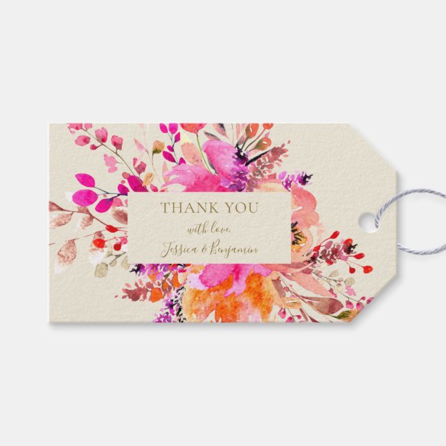 Étiquettes-cadeau Bright Pink Floral Summer Wedding Custom Thank You (Devant (Horizontal))
