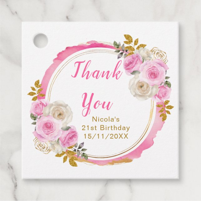 Étiquettes Cadeau Bright Pink Gold Elegant Flowers Birthday Party (Devant)