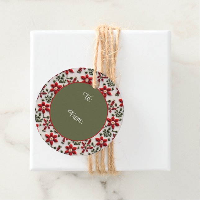 Étiquettes Cadeau Broderie florale rouge et blanche (En situation)