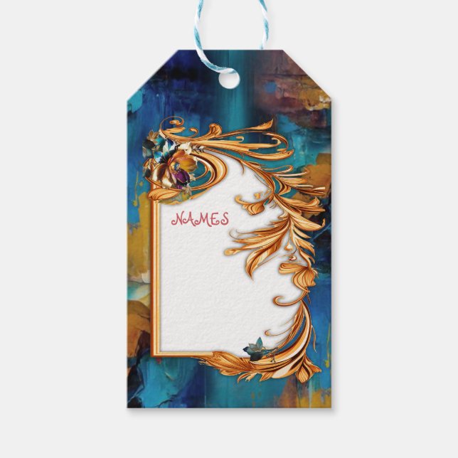 Étiquettes-cadeau bronze Abstrait, style baroque bleu or (Devant)