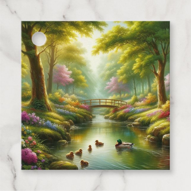 Étiquettes Cadeau Brook de printemps avec canards/fleurs (Devant)