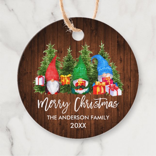 Étiquettes Cadeau Brosse Script Bois Aquarelle de Noël Gnomes (Devant)