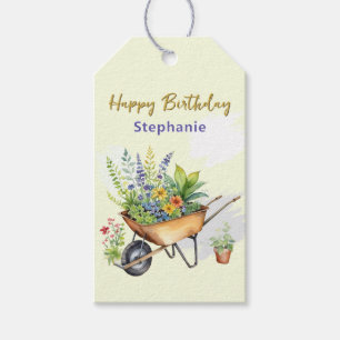 Étiquettes-cadeau Brouette de jardin avec fleurs Joyeux Anniversaire