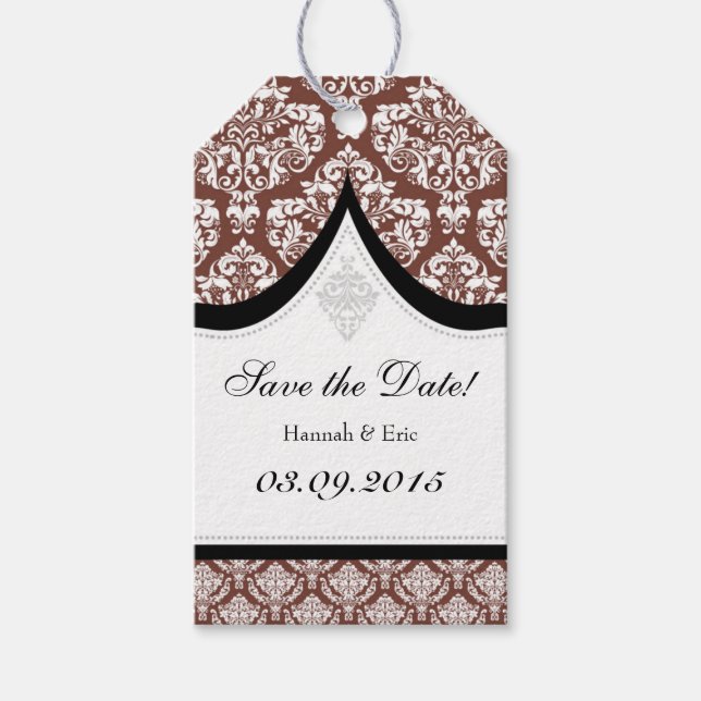 Étiquettes-cadeau Brown Blanc Damas Enregistrer Les Balises Date (Devant)