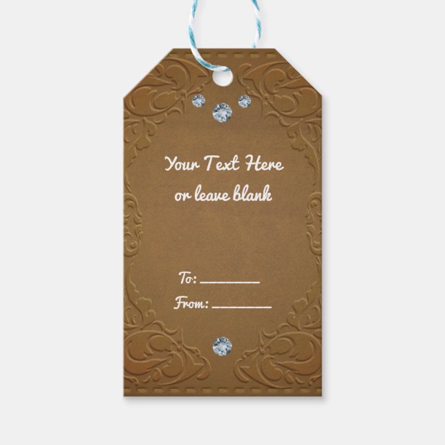 Étiquettes-cadeau Brown Faux Cuir & Diamants Glam Rustique (Devant)