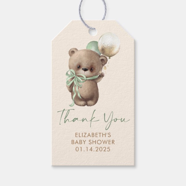 Étiquettes-cadeau Brown Green Teddy Bear Baby Shower Thank You (Devant)