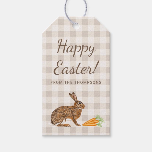 Étiquettes-cadeau Brown Hare Rabbit And Carrots Happy Easter Beige (Devant)