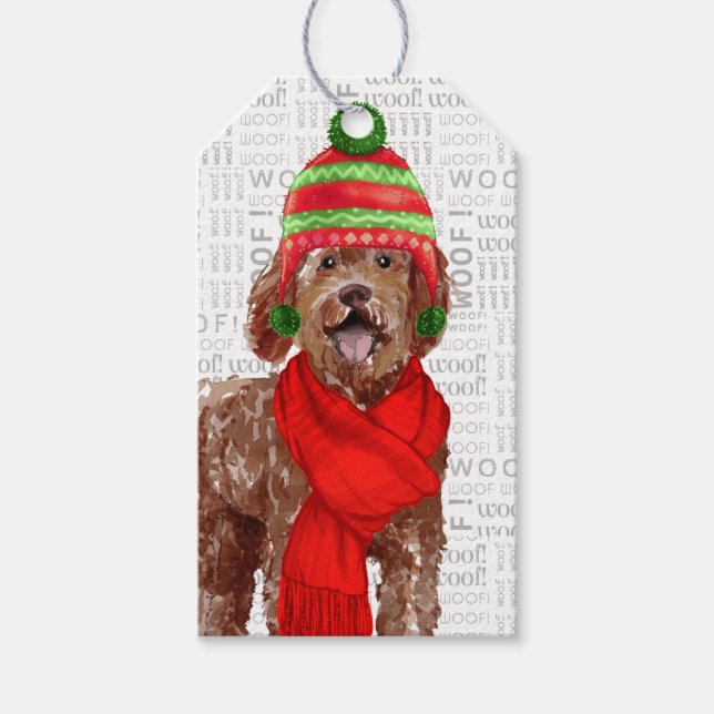 Étiquettes-cadeau Brown Labradoodé Noël de chien de vacances (Devant)