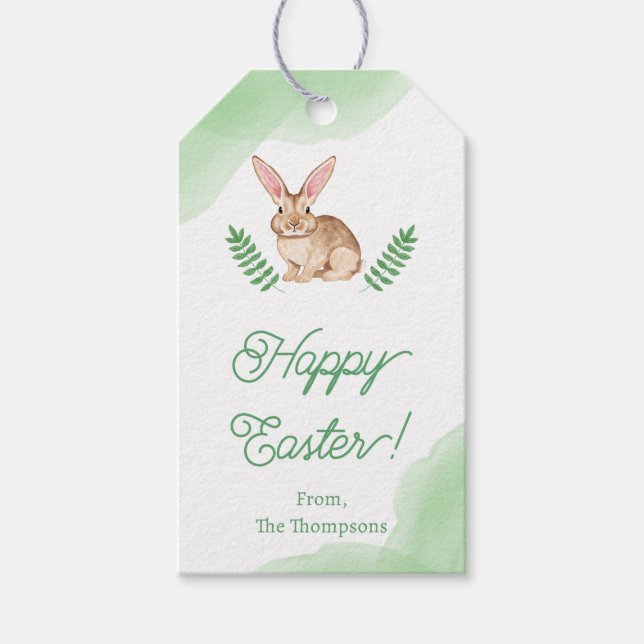 Étiquettes-cadeau Brown Watercolor Bunny With Greenery Easter (Devant)