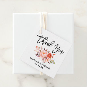 Étiquettes Cadeau Brush Script Coral Floral Mariage Merci