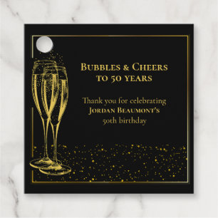Étiquettes Cadeau Bubbles and Cheers Black Gold 50e fête d'anniversa