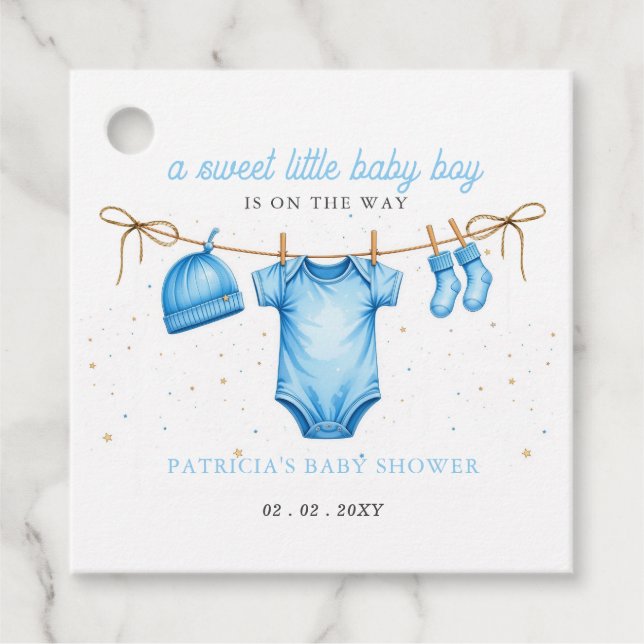 Étiquettes Cadeau Budget Clothesline Blue Boy Baby Shower invitation (Devant)