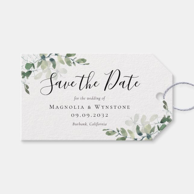 Étiquettes-cadeau BUDGET Eucalyptus Aquarelle Mariage Enregistrer La (Devant (Horizontal))