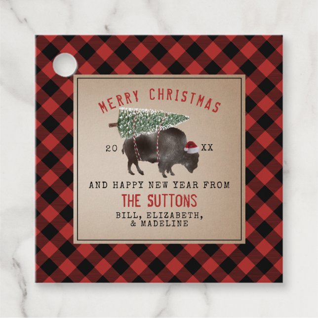 Étiquettes Cadeau Buffalo Bison Père Noël Christmas Tree Russe Plaid (Devant)
