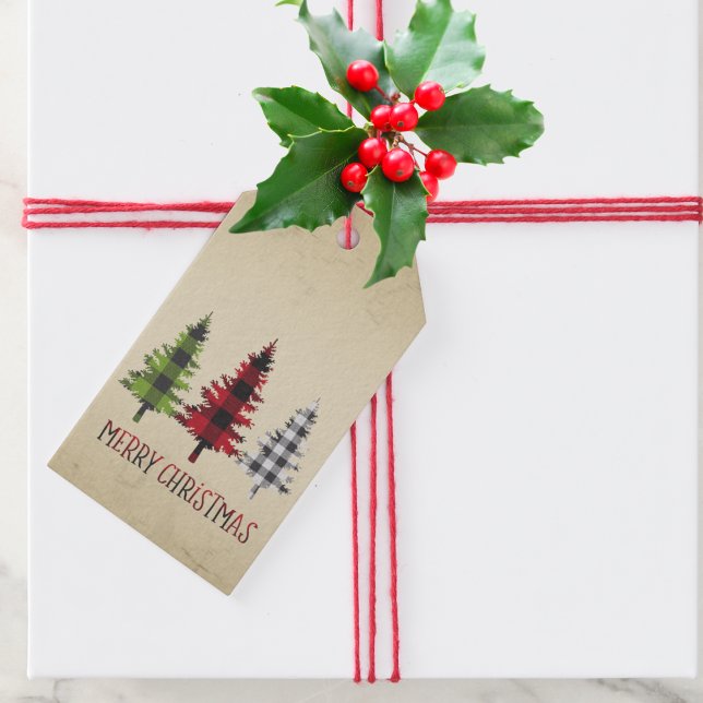 Étiquettes-cadeau Buffalo de style campagnard Plaid Arbres de Noël (Créateur téléchargé)