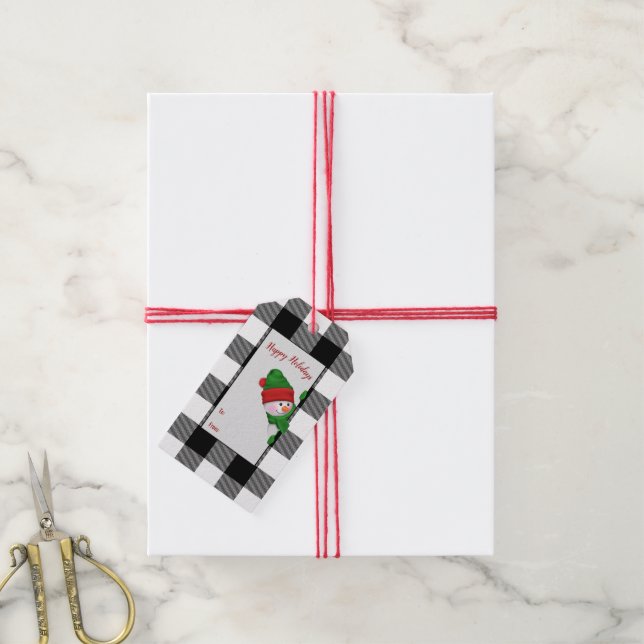 Étiquettes-cadeau Buffalo Plaid et snowman (Avec de la ficelle)