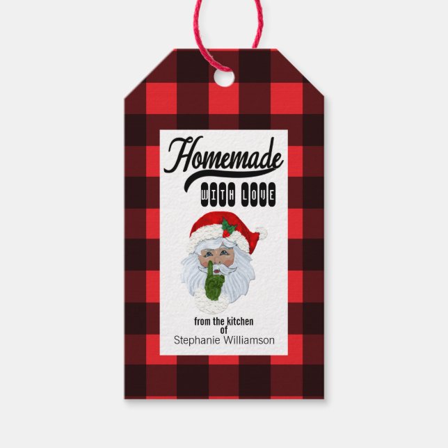 Étiquettes-cadeau Buffalo Plaid fait maison avec Amour Père Noël Foo (Devant)