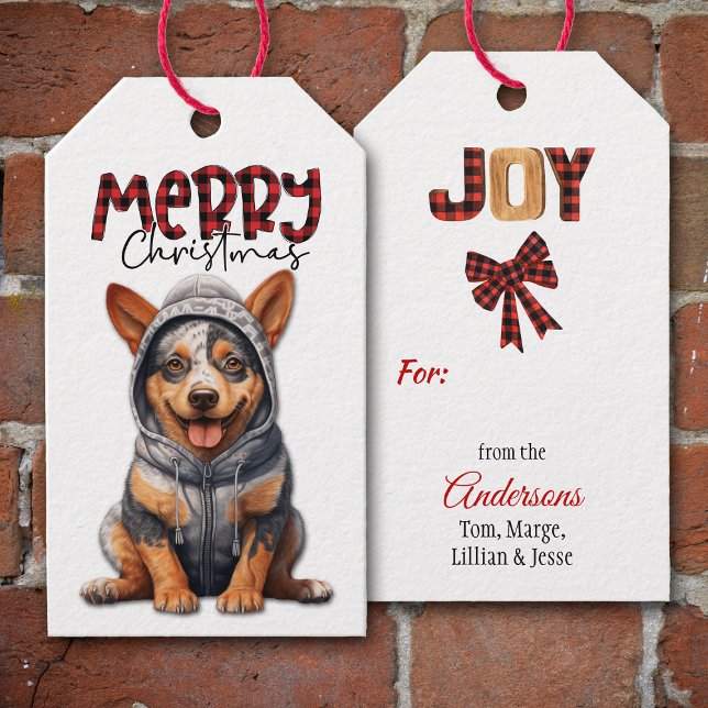 Étiquettes-cadeau Buffalo Plaid Text Aussie Chien de bétail Noël (Créateur téléchargé)