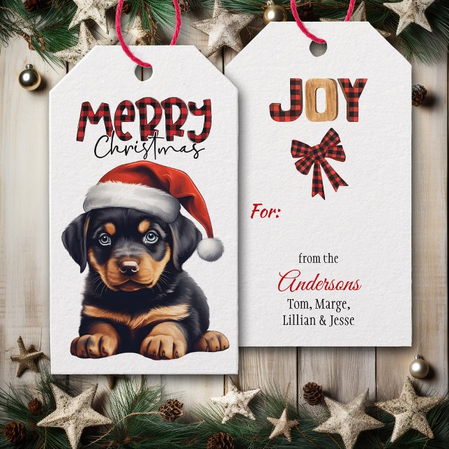 Étiquettes-cadeau Buffalo Plaid Text Rottweiler Puppy Christmas (Créateur téléchargé)