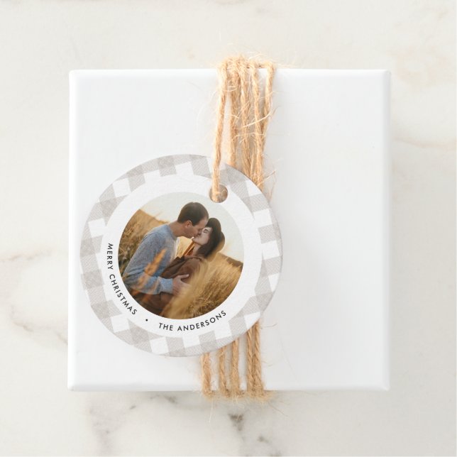 Étiquettes Cadeau Buffalo tartan moderne photo naturelle Noël (En situation)