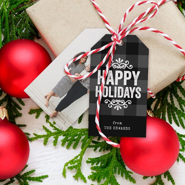 Étiquettes-cadeau Buffle gris et noir Vérifier photo de vacances rus (Créateur téléchargé)