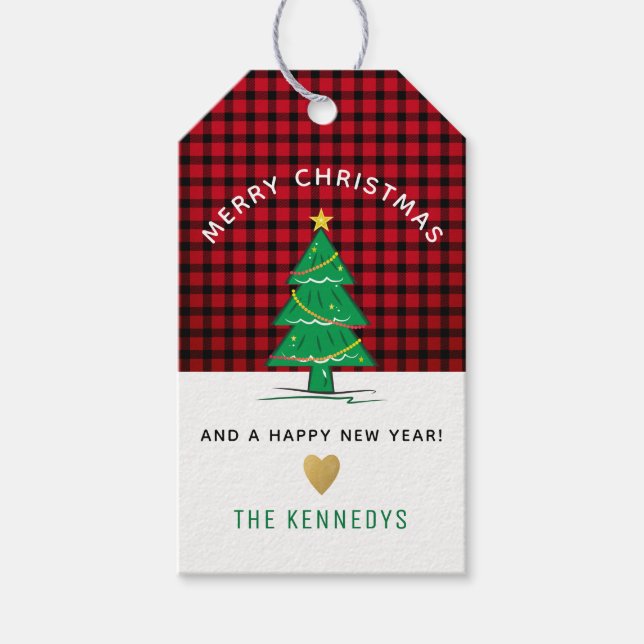 Étiquettes-cadeau Buffle rouge et noir rustique Plaid Christmas Tree (Devant)