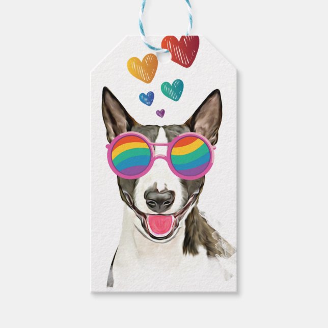 Étiquettes-cadeau Bull Terrier Chien avec Coeurs Saint-Valentin (Devant)