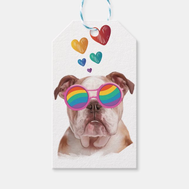 Étiquettes-cadeau Bulldog anglais avec des coeurs Saint-Valentin (Devant)