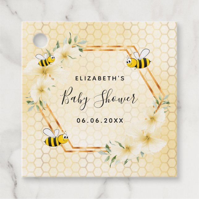 Étiquettes Cadeau Bumble abeille nid d'abeille baby shower de fleurs (Devant)