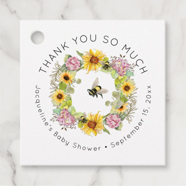 Étiquettes Cadeau Bumble Bee Floral Tournesol Hydrangea Baby shower (Devant)