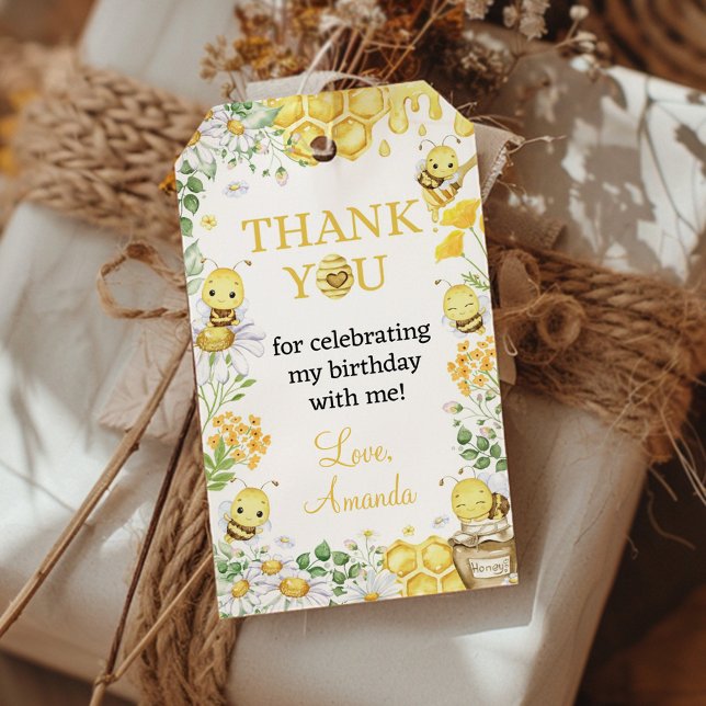 Étiquettes-cadeau Bumblebee First Bee Day Birthday Party Thank You (Créateur téléchargé)