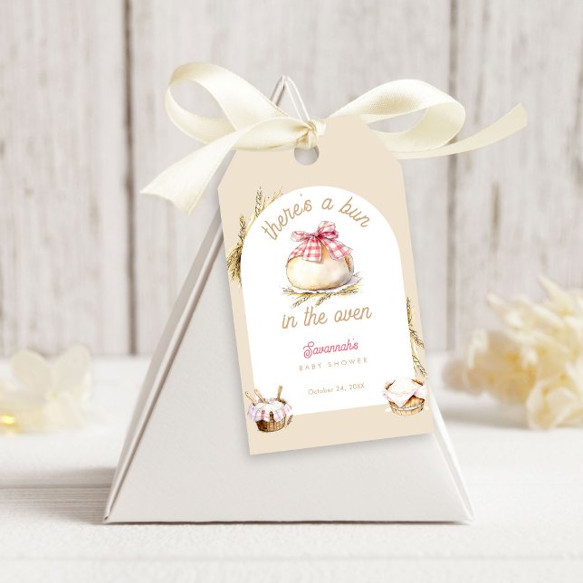 Étiquettes-cadeau Bun In The Oven Pink Gingham Bow Baby Shower (Créateur téléchargé)