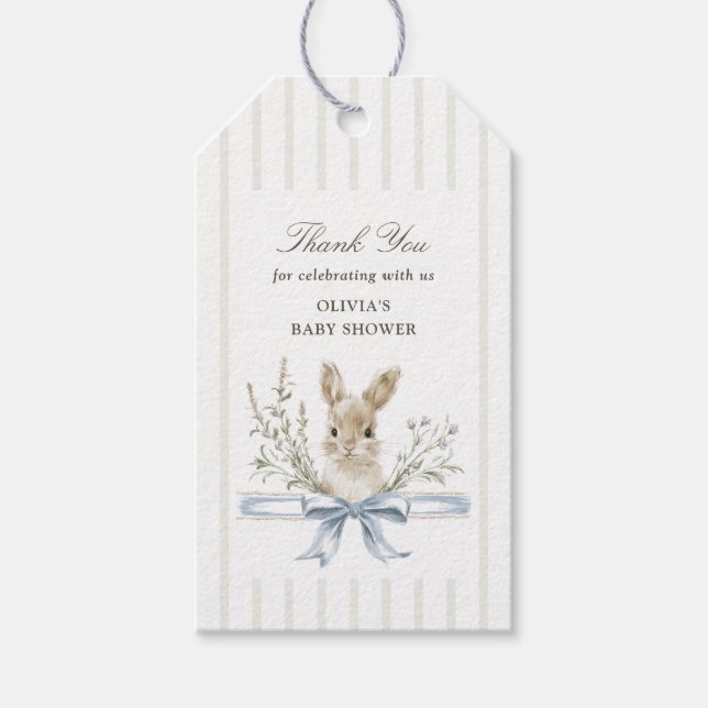 Étiquettes-cadeau Bunny Blue Bow Baby Shower Thank you (Devant)