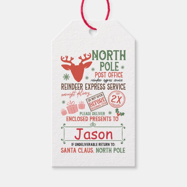 Étiquettes-cadeau Bureau de poste du Pôle Nord Nom personnalisé Noël (Devant)