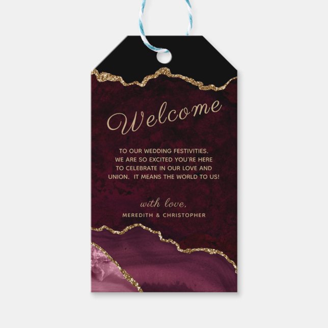 Étiquettes-cadeau Burgundy Agate Gold Parties scintillant Mariage Bi (Devant)