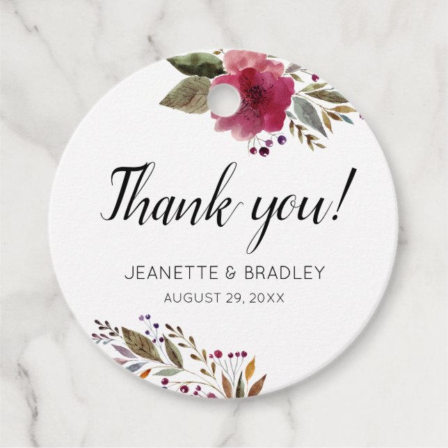 Étiquettes Cadeau Burgundy Automne Aquarelle Fleurs Mariage Merci (Devant)
