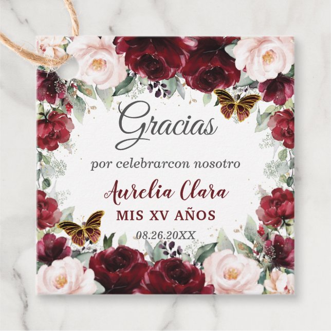 Étiquettes Cadeau Burgundy Blush Fleurs Quinceañera Papillons (Devant)