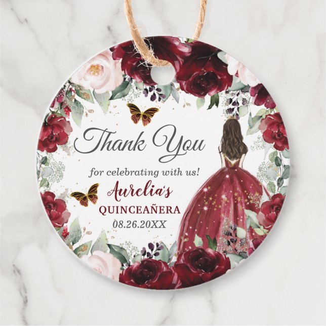 Étiquettes Cadeau Burgundy Blush Floral Butterflies Crown Princess (Devant)
