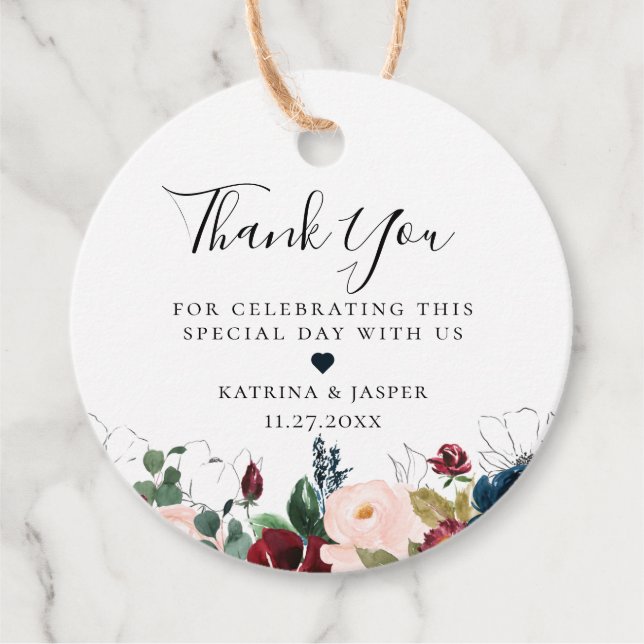 Étiquettes Cadeau Burgundy Blush Navy Floral Bouquet Mariage (Devant)