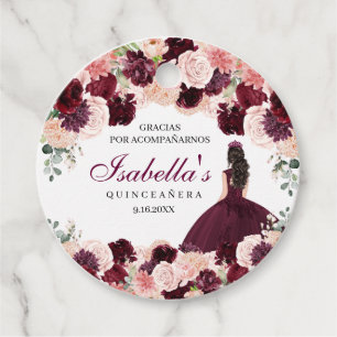 Étiquettes Cadeau Burgundy Blush rose Floral Quinceanera Favoriser l