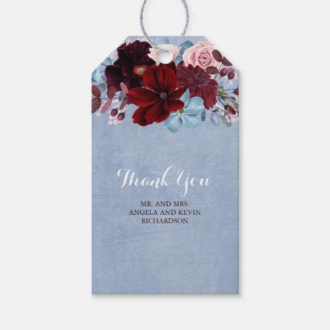 Étiquettes-cadeau Burgundy et Dusty Blue Floral Mariage (Devant)