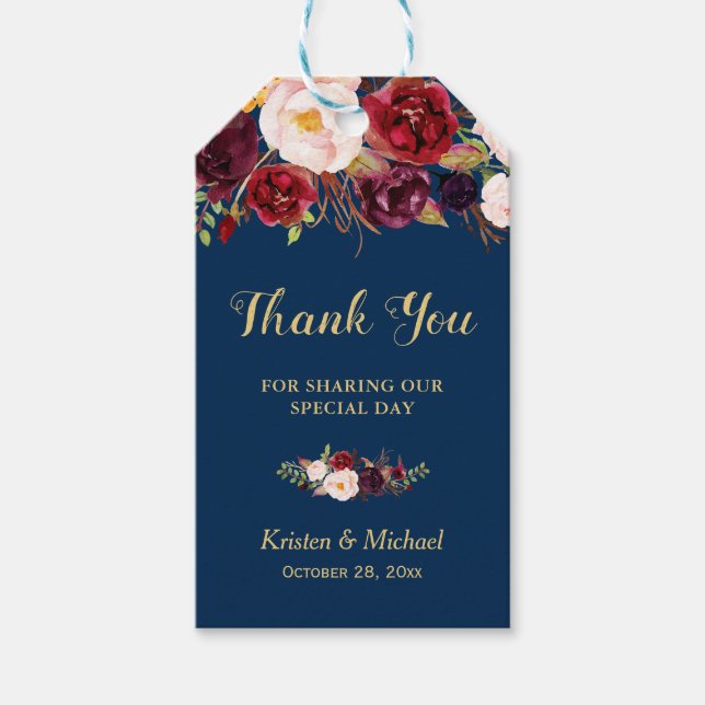 Étiquettes-cadeau Burgundy Floral Navy Blue Wedding Favor Merci (Devant)