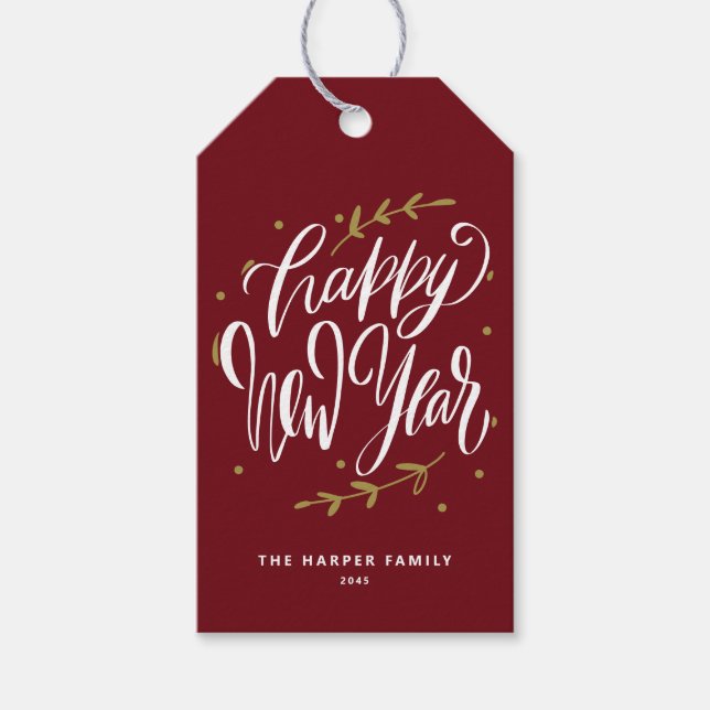 Étiquettes-cadeau Burgundy Happy New Year Modern Calligraphy Wreath (Devant)