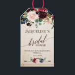 Étiquettes-cadeau Burgundy Navy Floral Rustic Boho Fête des mariées<br><div class="desc">Aquarelle bordeaux rouge marine rousse rose rousse pays rustique classe fleurie douche nuptiale merci tag cadeau modèle avec feuillage botanique vert et feuilles eucalyptus en arrière - plan en bois. Ce magnifique design facile à customiser peut s'adapter facilement à vos couleurs, styles et thèmes mariages et il est un choix...</div>