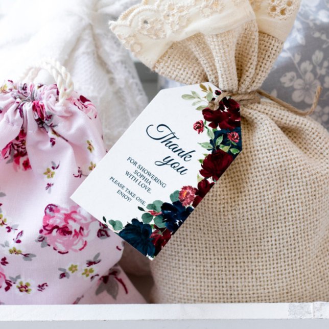 Étiquettes-cadeau Burgundy & Navy Flowers Fête des mariées Cadeaux T (Créateur téléchargé)