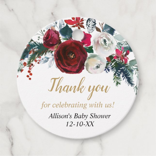 Étiquettes Cadeau Burgundy or élégant floral de Noël (Devant)