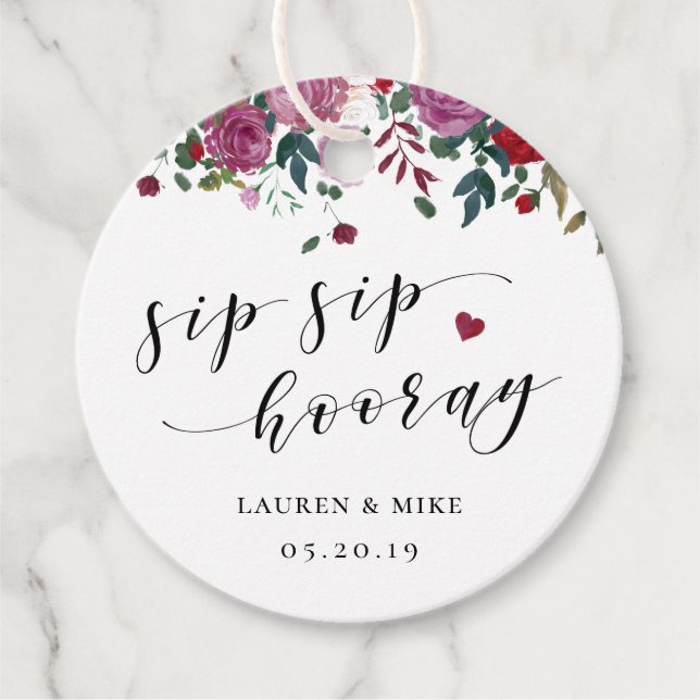 Étiquettes Cadeau Burgundy Red Blooms Sip Hoory Mariage Round (Devant)
