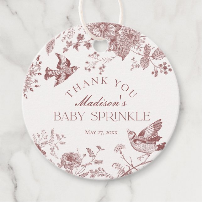 Étiquettes Cadeau Burgundy Toile De Jouy Floral Baby Sprinkle Favori (Devant)