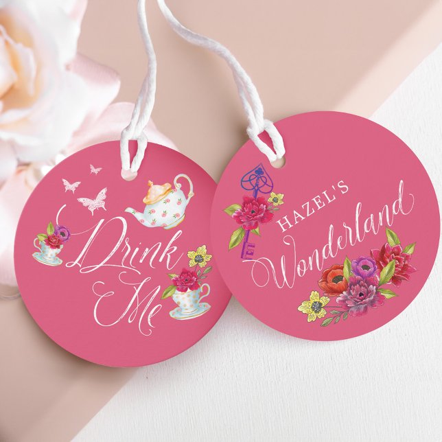 Étiquettes Cadeau Buvez-moi Alice au pays des merveilles Enseignemen (Drink Me Alice in Wonderland Vibrant Floral teacup Favor Tags)